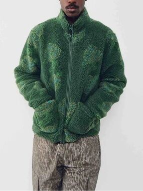 Stussy Dark Green Floral Sherpa Zip Mock Jacket